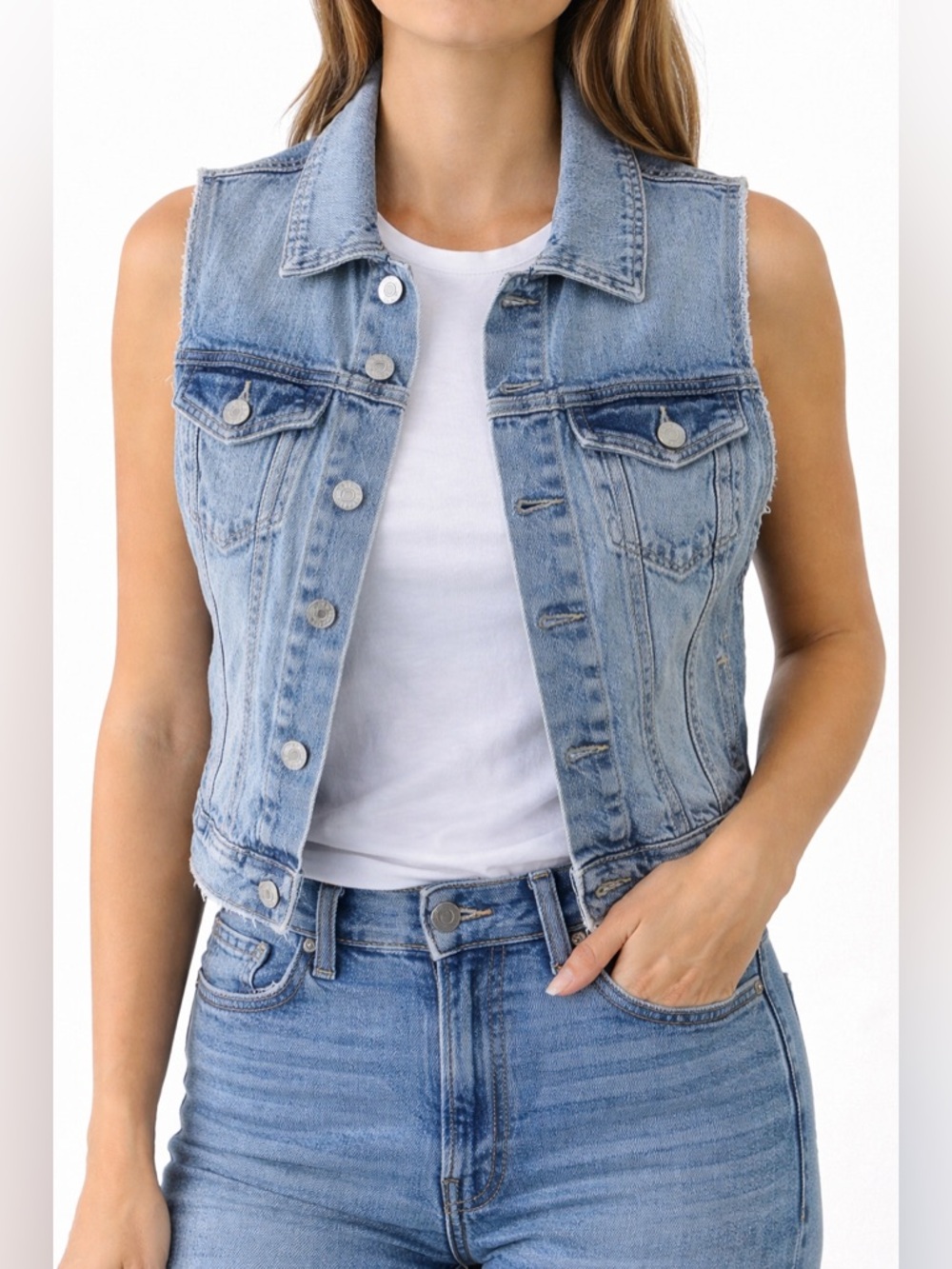 Old Navy Denim Vest Light Wash Distressed Cropped Women’s XS Jean Vest